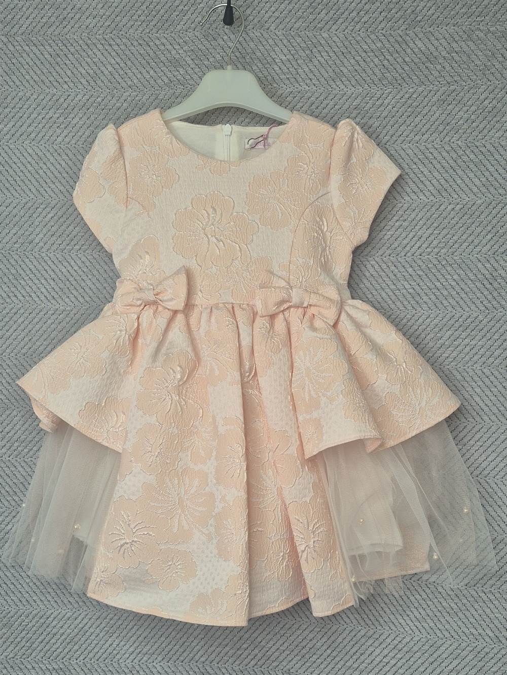 NWT Jolanda Cute Peachy Floral Jacquard Pearl Bow Tulle Formal Dress 24M